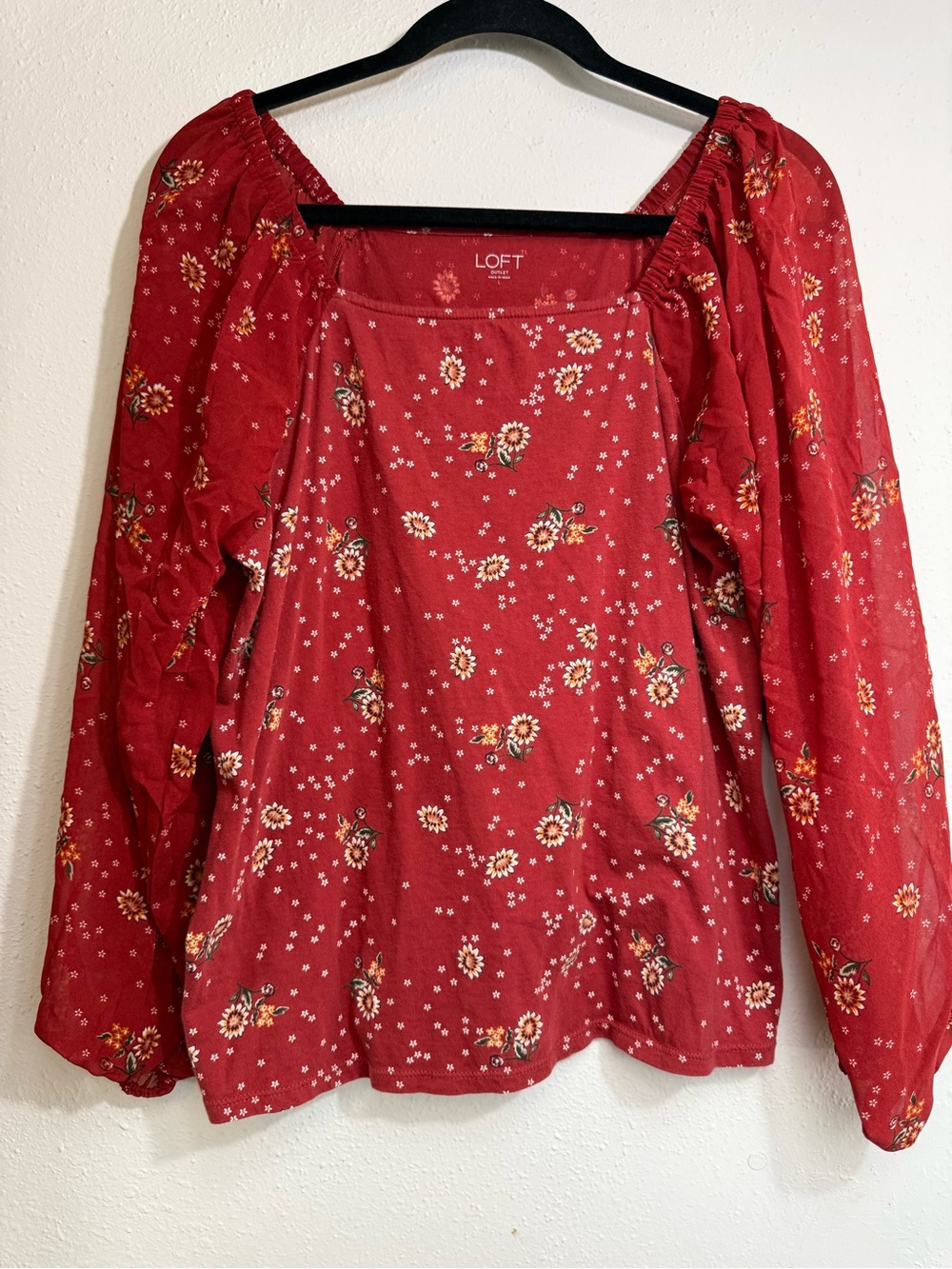 LOFT boho rust orange Floral Square-Neck Long Sleeve Blouse